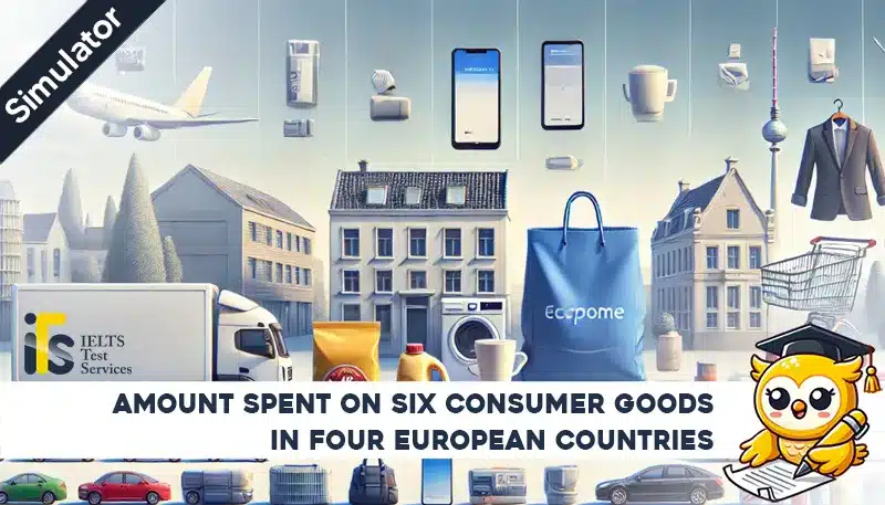 amount spent on six consumer goods in four European countries - Task 1 Writing online simulator test - IELTS TEST SERVICES - ieltstest.services Sample Answer